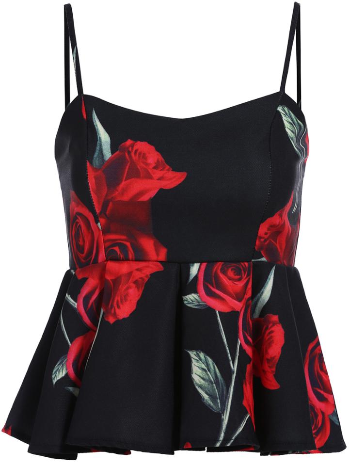 Romwe Spaghetti Strap Rose Print Cami Top