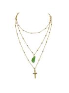 Romwe Green Cross Natural Stone Multilayer Necklace Sweater Chain Necklace