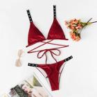 Romwe Eyelet Strappy Velvet Triangle Bikini Set