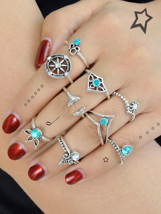 Romwe 9 Pcs/set Geometric Blue Rhinestone Rings