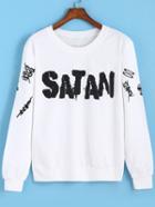 Romwe Round Neck Satan Print White Sweatshirt