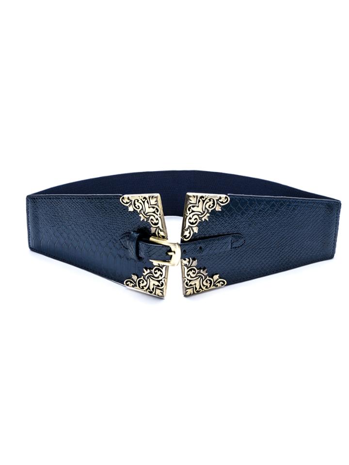 Romwe Navy Faux Leather Buckle Geometric Wide Belt