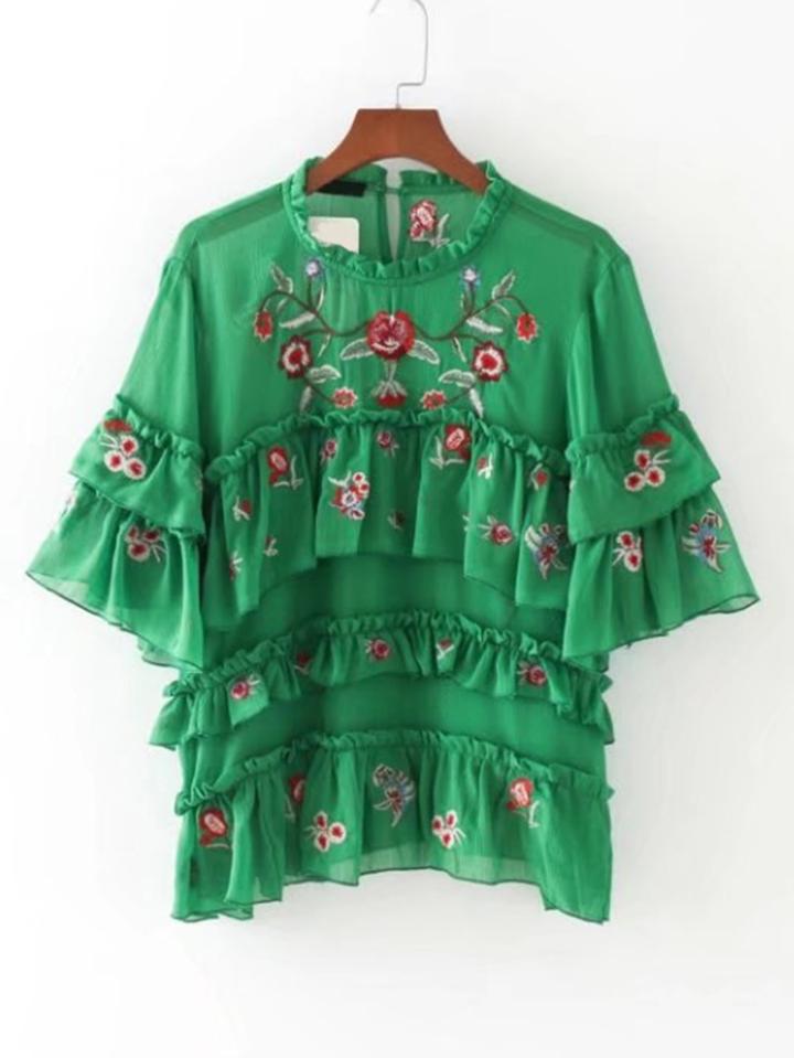 Romwe Bell Sleeve Tiered Embroidered Top