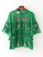 Romwe Bell Sleeve Tiered Embroidered Top