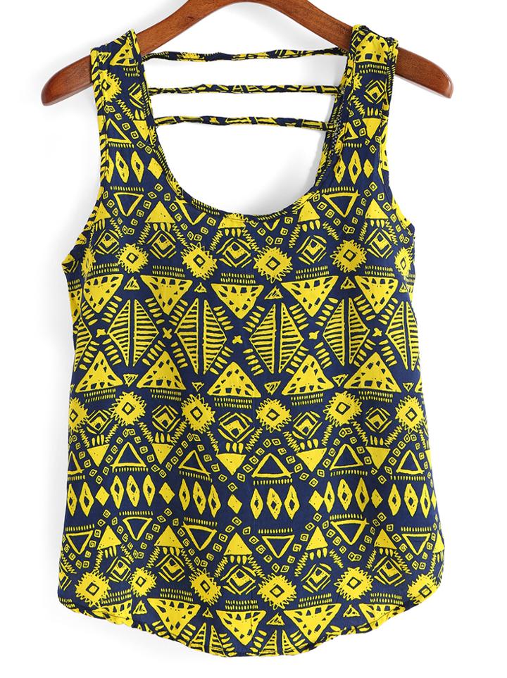 Romwe Geometric Print Contrast Mesh Blue Tank Top