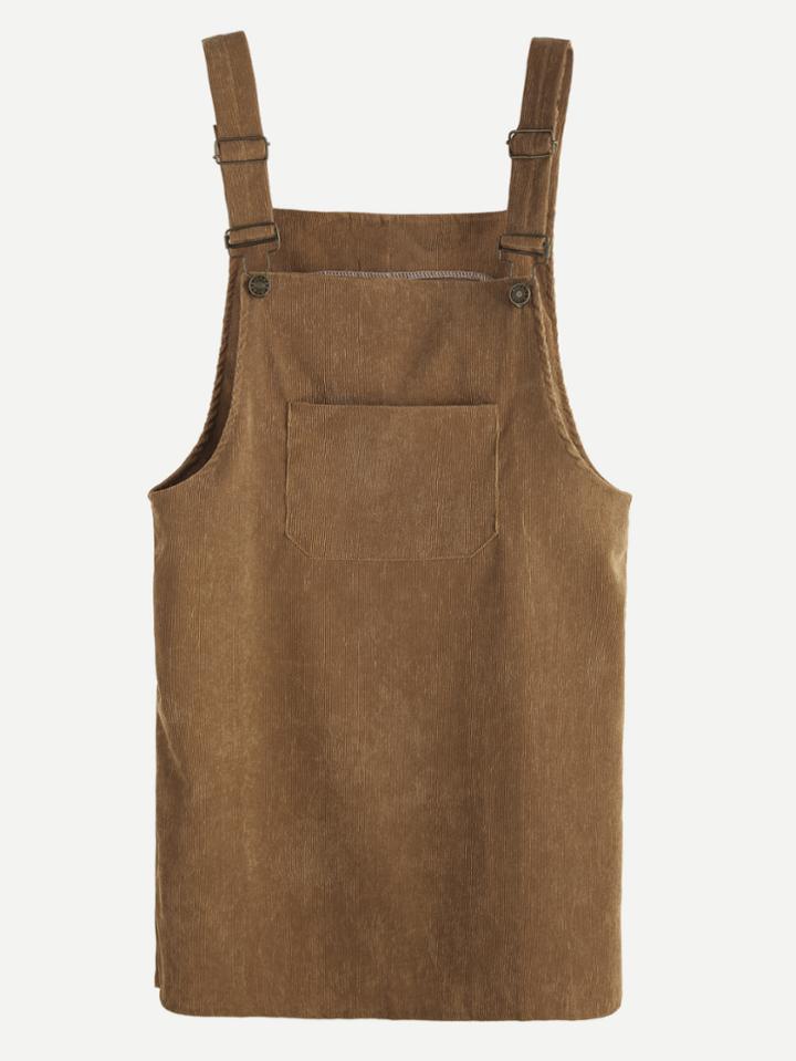Romwe Khaki Corduroy Pinafore Dress With Pockets