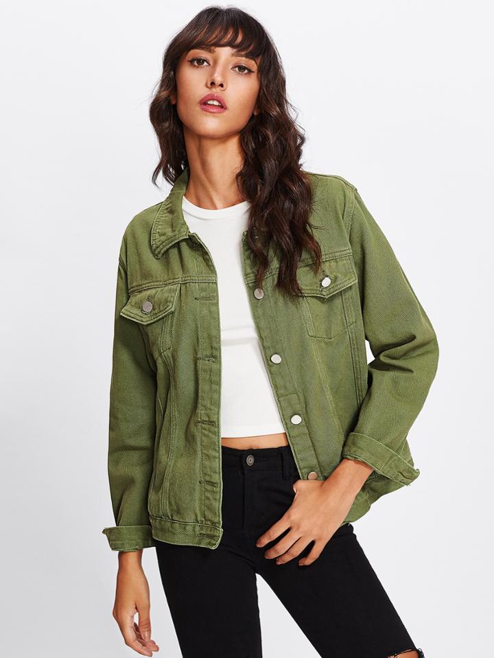 Romwe Army Green Basic Denim Jacket