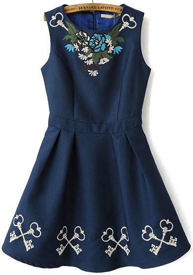 Romwe Blue Sleeveless Embroidery Pleated Dress
