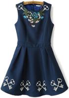Romwe Blue Sleeveless Embroidery Pleated Dress