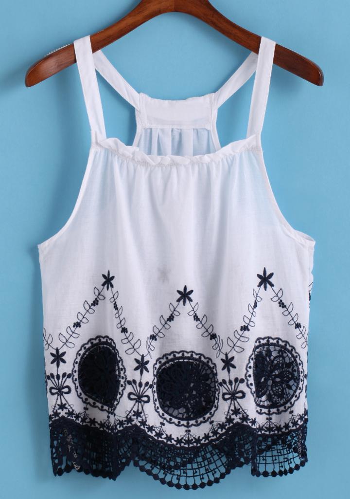 Romwe Spaghetti Strap Lace Hem Embroidered Cami Top