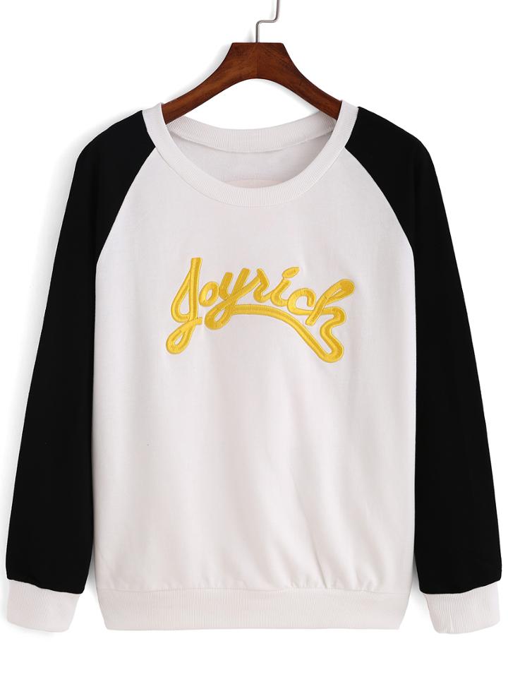 Romwe Contrast Sleeve Letter Embroidered Sweatshirt