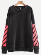 Romwe Black Velvet Dropped Shoulder Seam Embroidered Trim Sweatshirt