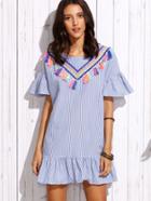 Romwe Blue Vertical Striped Ruffle Dress With Embroidered Tape Detail