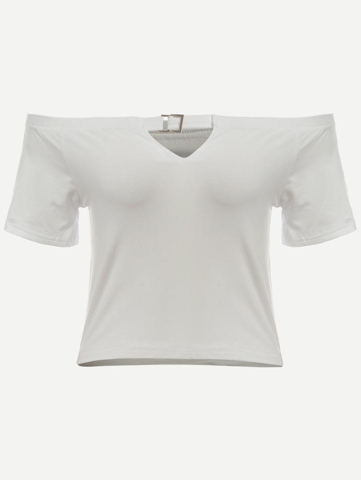 Romwe White Off The Shoulder Keyhole T-shirt