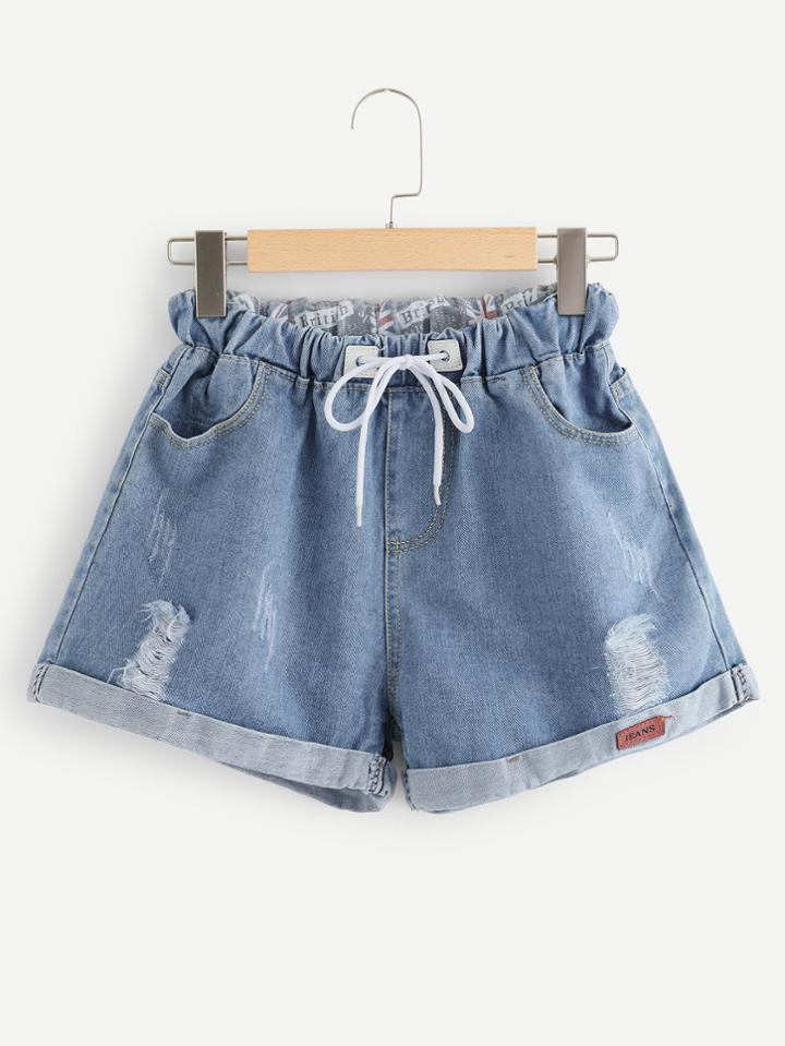 Romwe Roll Up Hem Drawstring Waist Denim Shorts