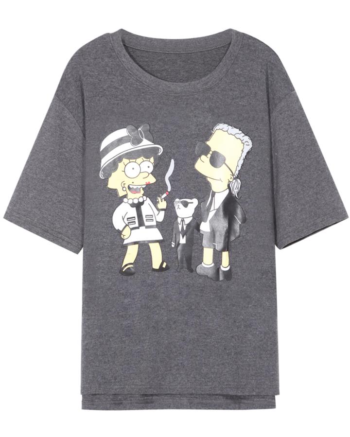 Romwe Round Neck Simpson Pattern Loose Dark Grey T-shirt