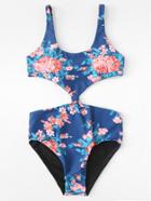 Romwe Flower Print Cutout Swimsuit