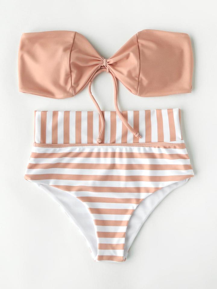 Romwe Striped Print Bandeau Bikini Set