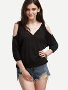 Romwe Black V Neck Open Shoulder T-shirt