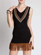 Romwe V Neck Ribbed Geometric Pattern Fringe Sweater Dress