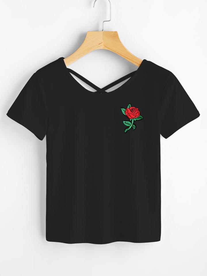 Romwe Rose Patch Criss Cross Back Tee