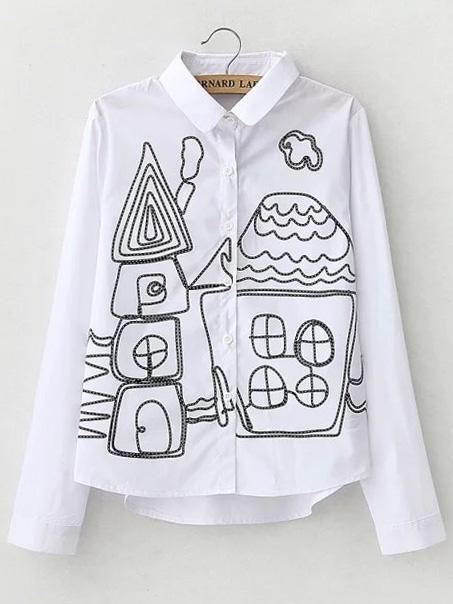 Romwe Lapel Dip Hem Graffiti Print White Blouse