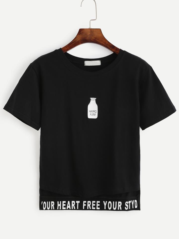 Romwe Black Bottle And Letter Print High Low T-shirt