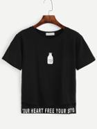 Romwe Black Bottle And Letter Print High Low T-shirt