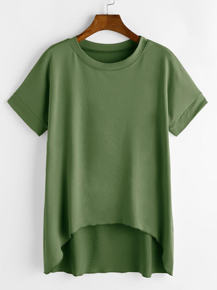 Romwe Green Short Sleeve Dip Hem T-shirt