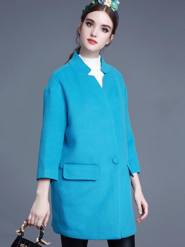 Romwe Blue V Neck Length Sleeve Pockets Coat