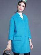 Romwe Blue V Neck Length Sleeve Pockets Coat