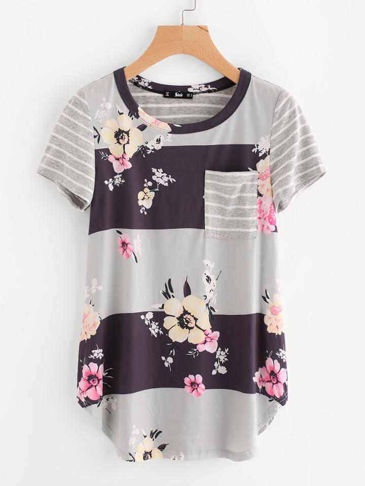 Romwe Mixed Print Cut And Sew Curve Hem Top