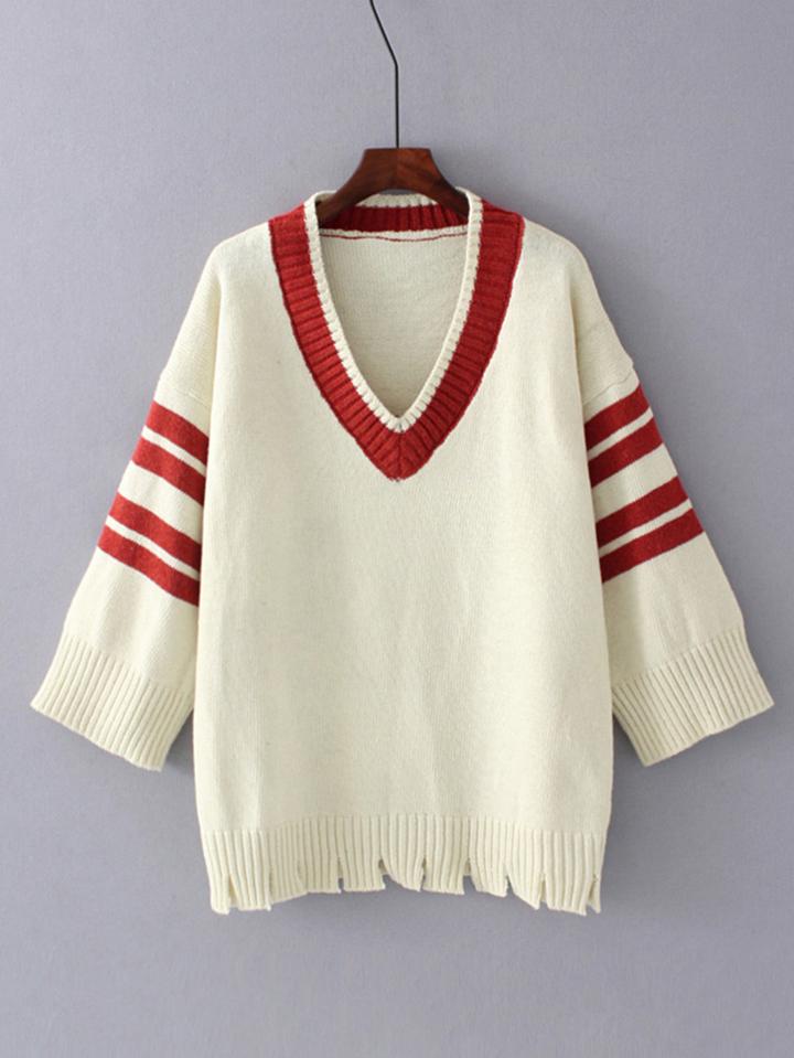 Romwe Striped Sleeve Ripped Hem Sweater