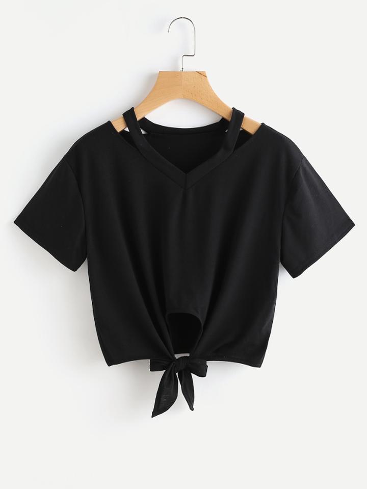 Romwe Cut Out V Neckline Knot Front Tee