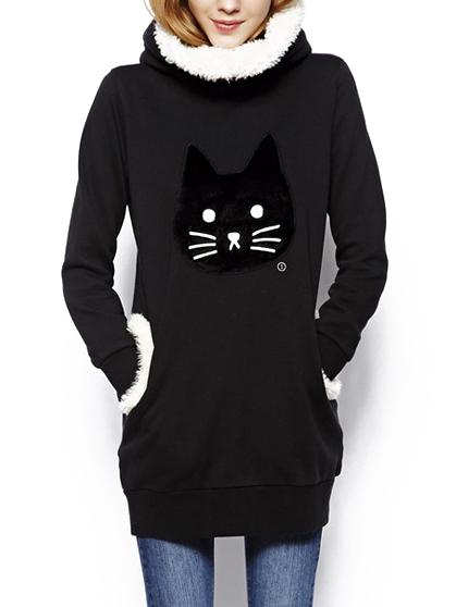 Romwe Black Cat Embroideried Faux Fleece Embellishment Sweatshirt