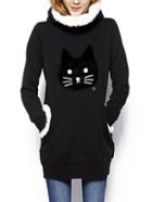 Romwe Black Cat Embroideried Faux Fleece Embellishment Sweatshirt