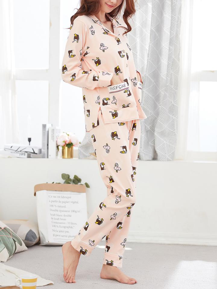 Romwe Cartoon Print Shirt & Pants Pj Set