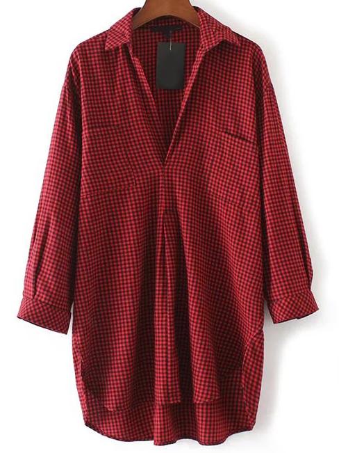 Romwe Red Plaid High Low Blouse With Pocket