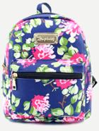 Romwe Blue Floral Print Front Zipper Pu Backpack