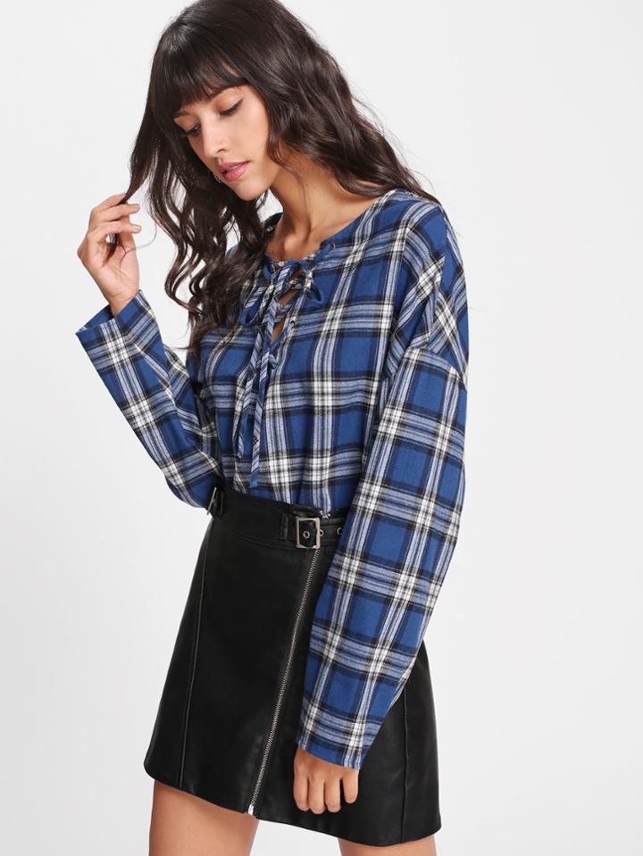Romwe Eyelet Lace Up Checkered Top