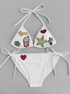 Romwe Embroidered Patch Side Tie Halter Bikini Set