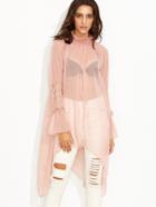 Romwe Pink Smocked High Neck Lace Insert Sleeve Asymmetrical Dress