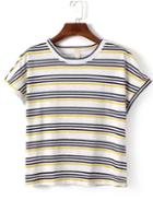 Romwe Round Neck Striped Yellow T-shirt