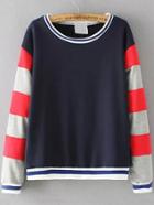 Romwe Striped Trim Navy Sweatshirt