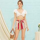 Romwe Knot Front Cape Top & Belted Striped Shorts Set