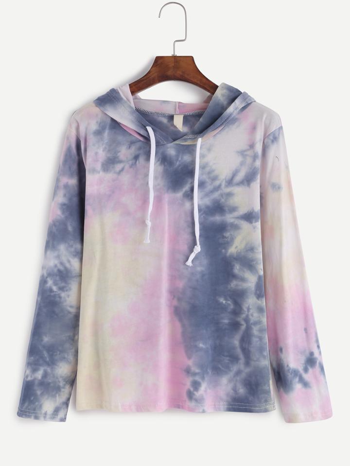 Romwe Tie Dye Drawstring Hooded T-shirt