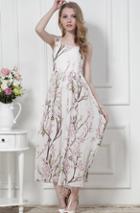 Romwe Sleeveless Floral Print Chiffon White Dress