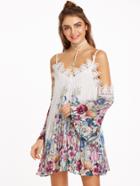 Romwe Multicolor Botanical Print Lace Trim Cold Shoulder Pleated Dress