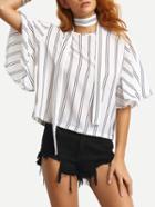 Romwe Vertical Stripe Bell Sleeve Blouse With Neck Tie