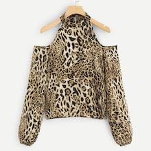 Romwe Leopard Cold-shoulder Blouse